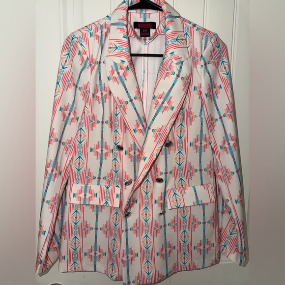 Rock&Roll Jackets & Blazers - Rock & Roll Denim Women's Patterned Blazer - Coral and Blue